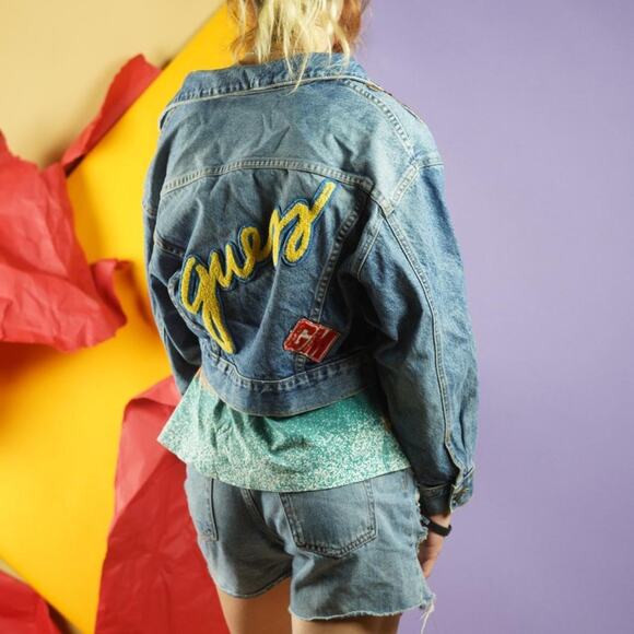 Rare Vintage 80s Guess by George Marciano Womens Cropped Denim Jacket Patches S - Picture 5 of 12